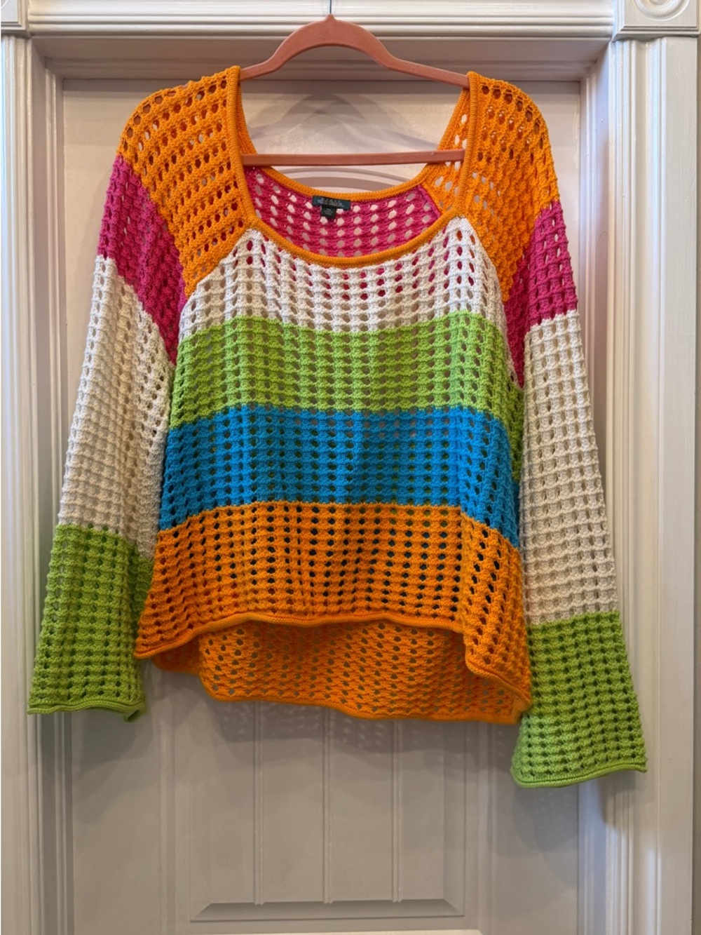 Colorblock Crochet Open Weave Sweater - Bright Multi